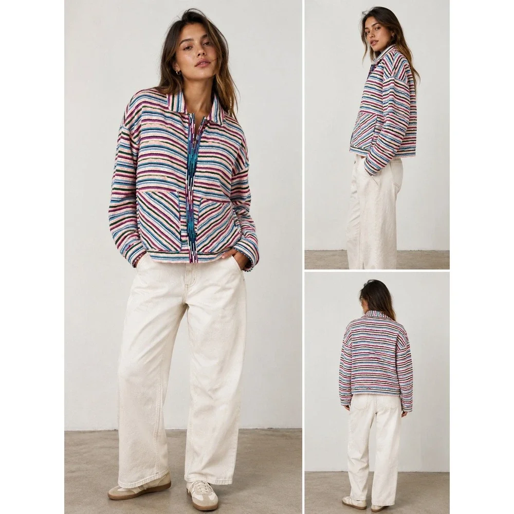 ZARA‎ Open Front Jacket Overshirt M Textured Multicolor Striped Embroidered Boho